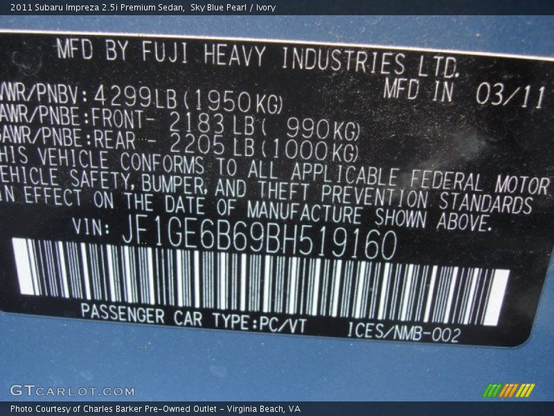 Sky Blue Pearl / Ivory 2011 Subaru Impreza 2.5i Premium Sedan