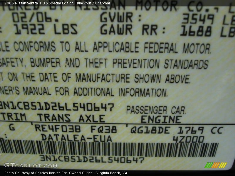 Blackout / Charcoal 2006 Nissan Sentra 1.8 S Special Edition