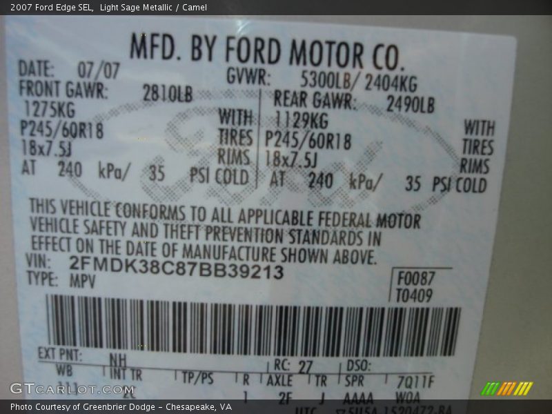 Light Sage Metallic / Camel 2007 Ford Edge SEL
