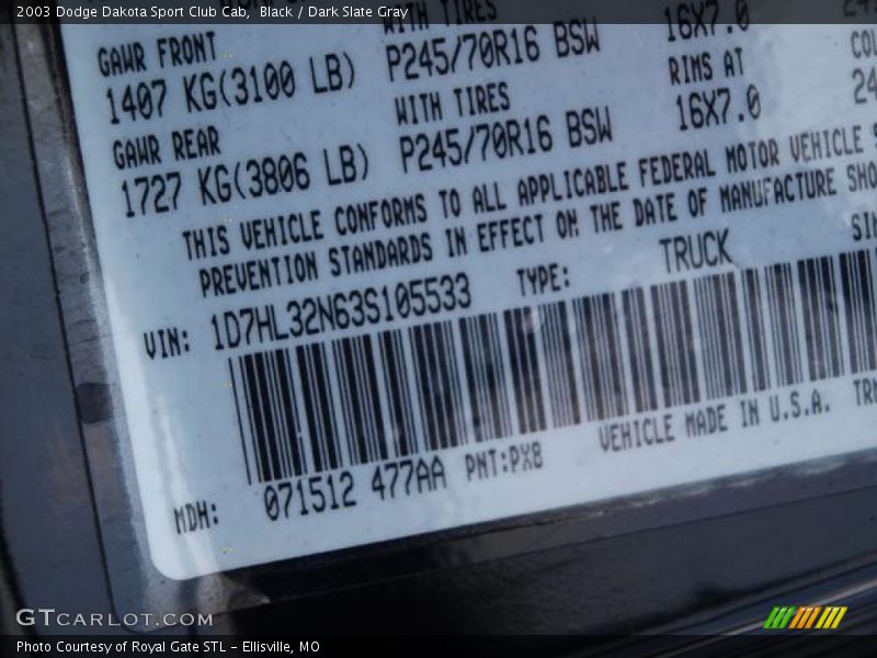 Black / Dark Slate Gray 2003 Dodge Dakota Sport Club Cab