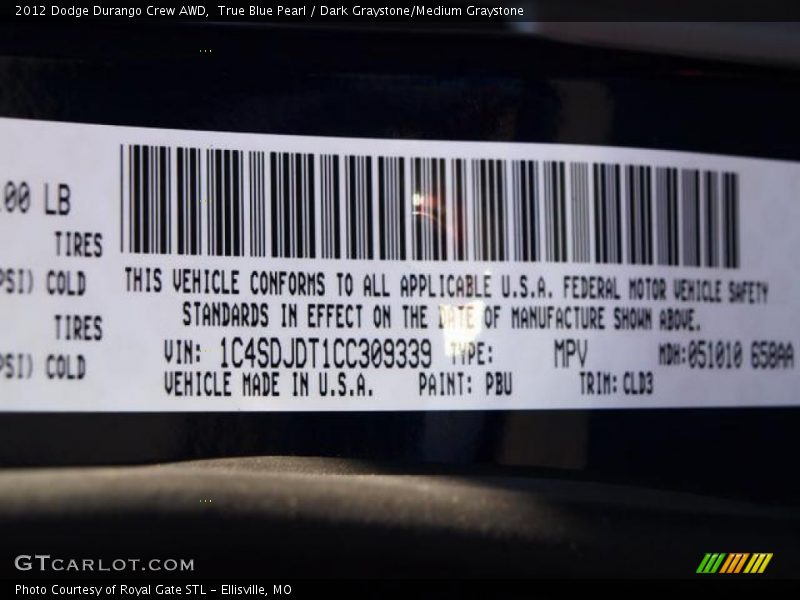 2012 Durango Crew AWD True Blue Pearl Color Code PBU