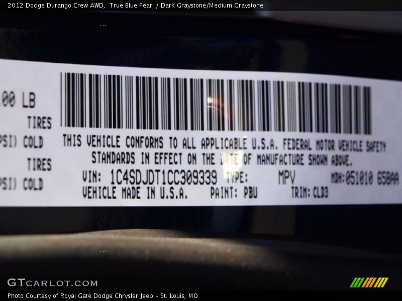 True Blue Pearl / Dark Graystone/Medium Graystone 2012 Dodge Durango Crew AWD