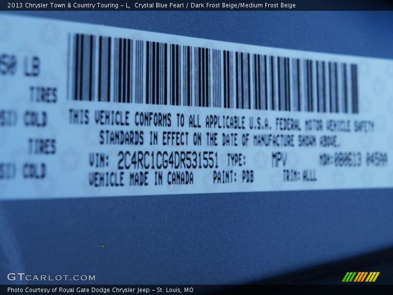 Crystal Blue Pearl / Dark Frost Beige/Medium Frost Beige 2013 Chrysler Town & Country Touring - L