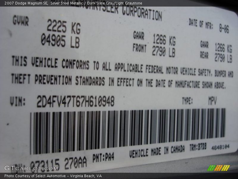 Silver Steel Metallic / Dark Slate Gray/Light Graystone 2007 Dodge Magnum SE