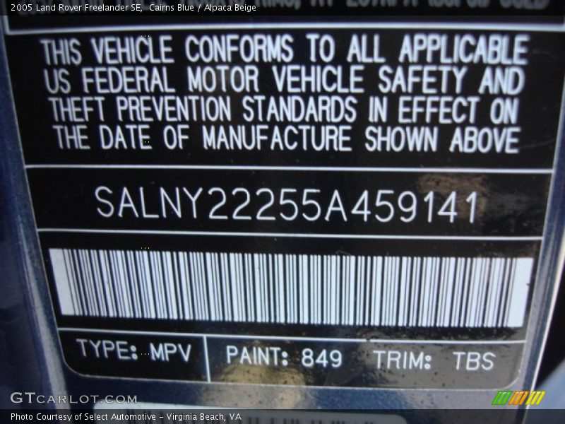 2005 Freelander SE Cairns Blue Color Code 849