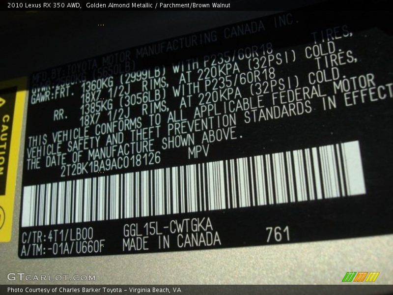 Golden Almond Metallic / Parchment/Brown Walnut 2010 Lexus RX 350 AWD