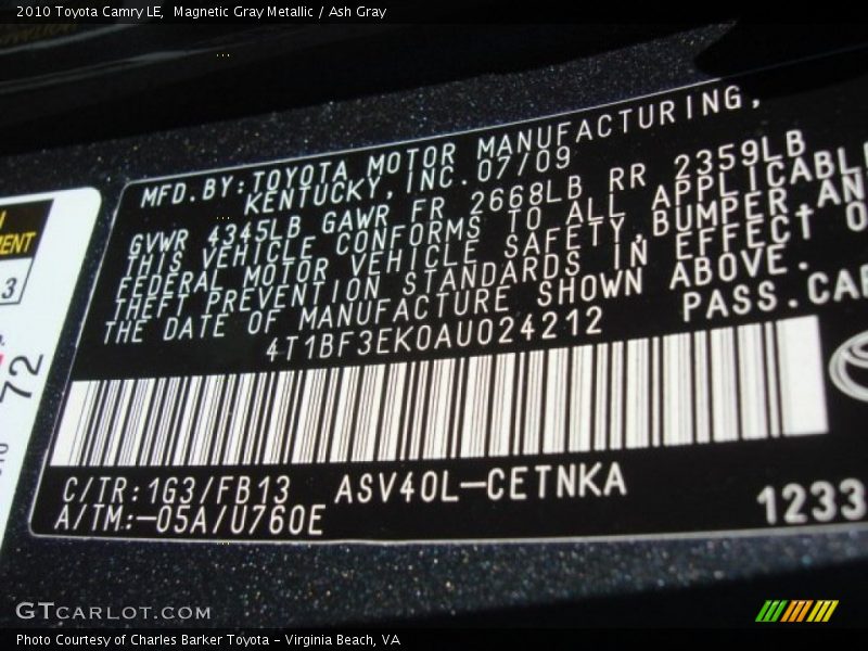 Magnetic Gray Metallic / Ash Gray 2010 Toyota Camry LE