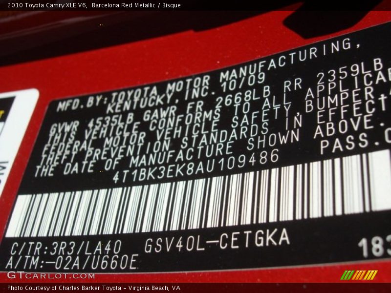 Barcelona Red Metallic / Bisque 2010 Toyota Camry XLE V6