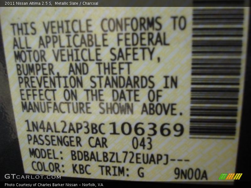 Metallic Slate / Charcoal 2011 Nissan Altima 2.5 S
