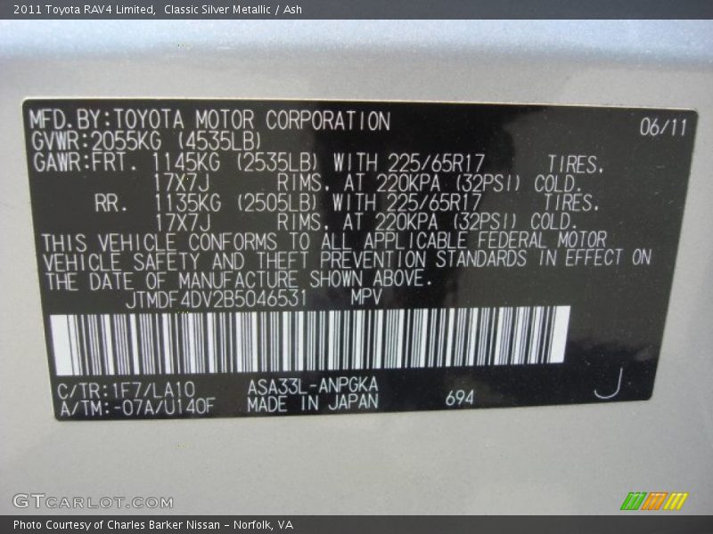 Classic Silver Metallic / Ash 2011 Toyota RAV4 Limited