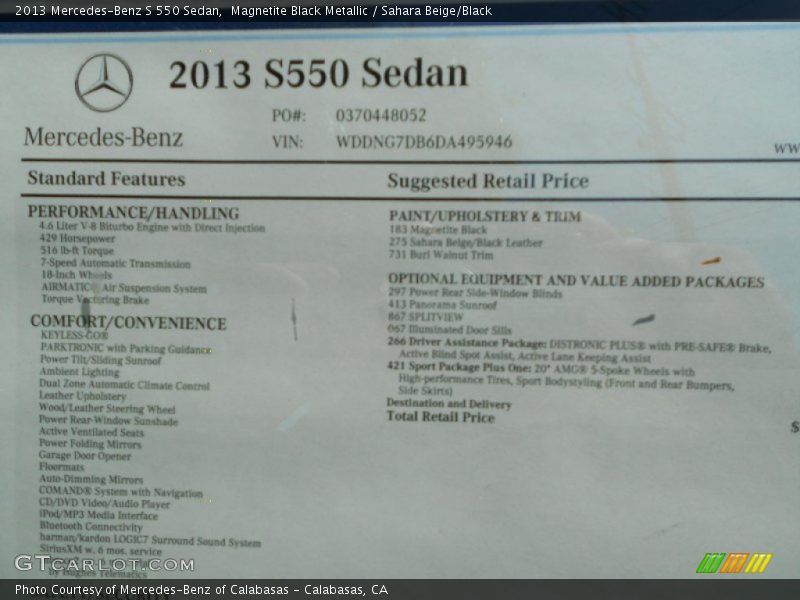  2013 S 550 Sedan Window Sticker