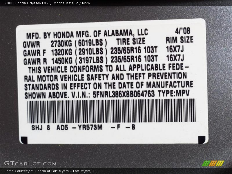 Mocha Metallic / Ivory 2008 Honda Odyssey EX-L