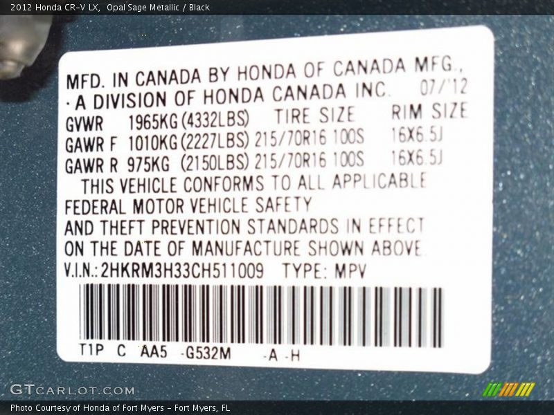 Opal Sage Metallic / Black 2012 Honda CR-V LX