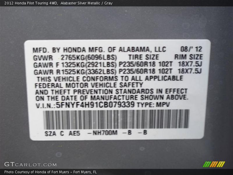 Alabaster Silver Metallic / Gray 2012 Honda Pilot Touring 4WD