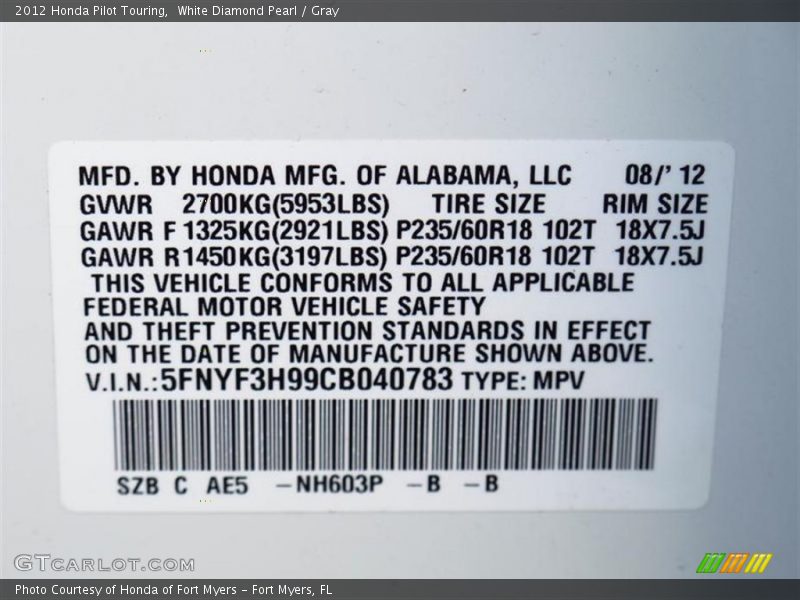 White Diamond Pearl / Gray 2012 Honda Pilot Touring