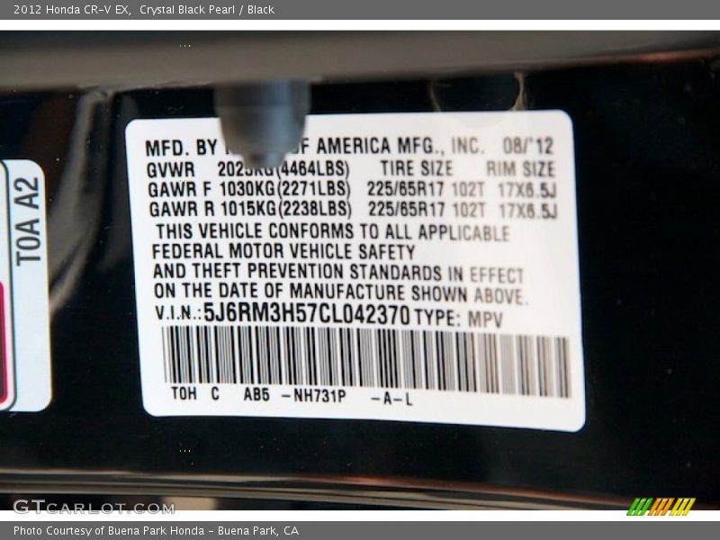 Crystal Black Pearl / Black 2012 Honda CR-V EX
