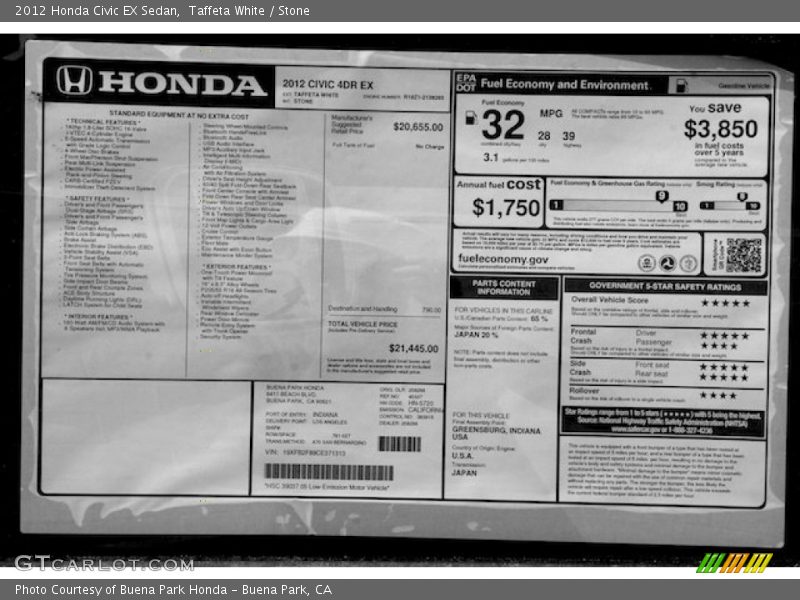 Taffeta White / Stone 2012 Honda Civic EX Sedan