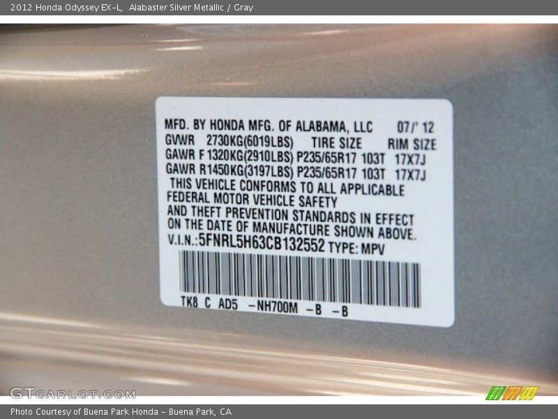 Alabaster Silver Metallic / Gray 2012 Honda Odyssey EX-L