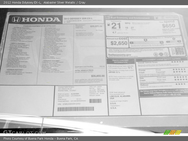 Alabaster Silver Metallic / Gray 2012 Honda Odyssey EX-L