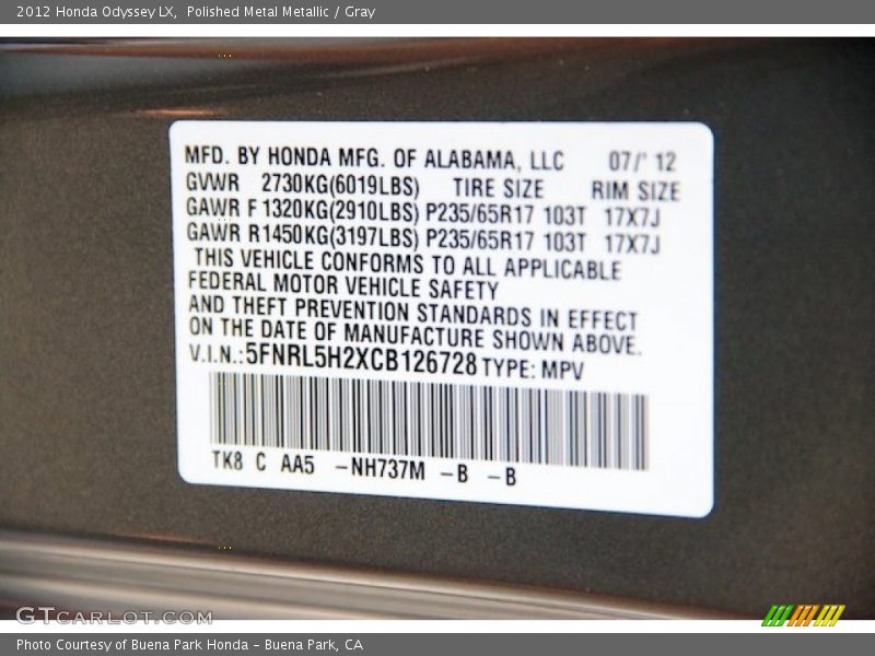 Polished Metal Metallic / Gray 2012 Honda Odyssey LX