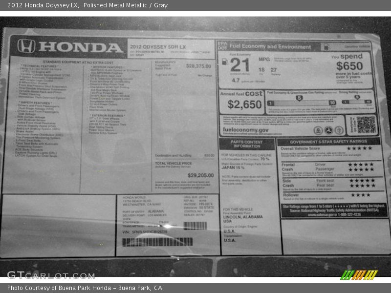 Polished Metal Metallic / Gray 2012 Honda Odyssey LX