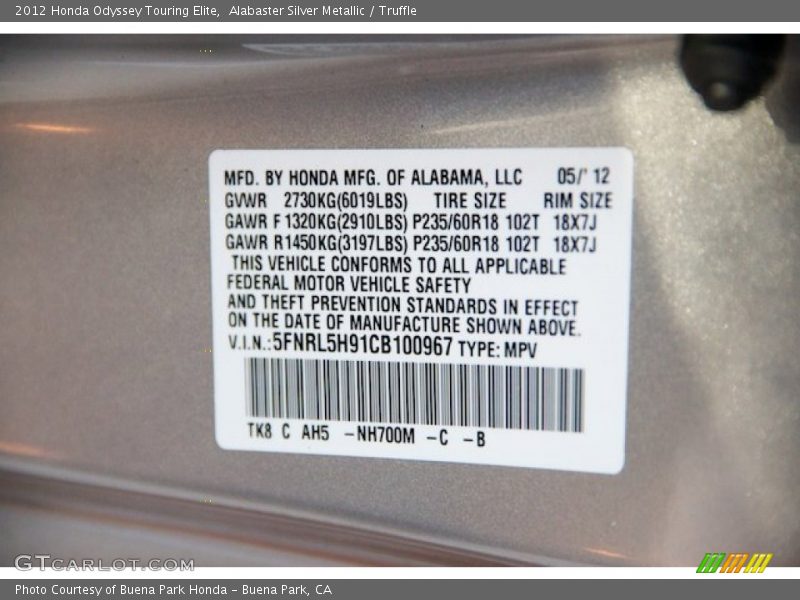 2012 Odyssey Touring Elite Alabaster Silver Metallic Color Code NH700M