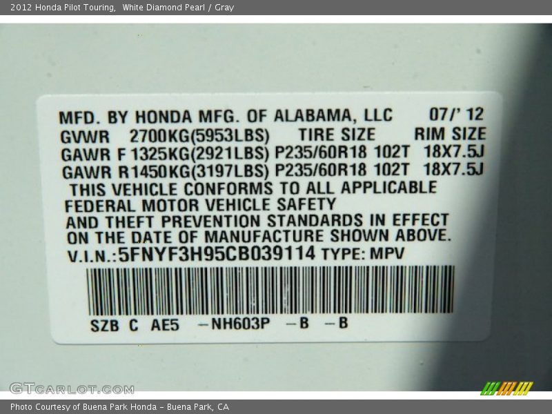 White Diamond Pearl / Gray 2012 Honda Pilot Touring
