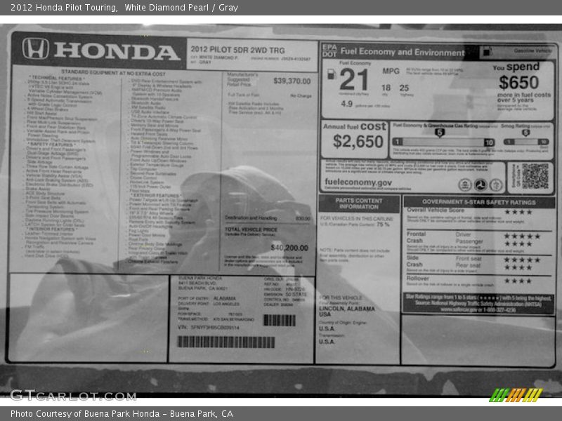 White Diamond Pearl / Gray 2012 Honda Pilot Touring