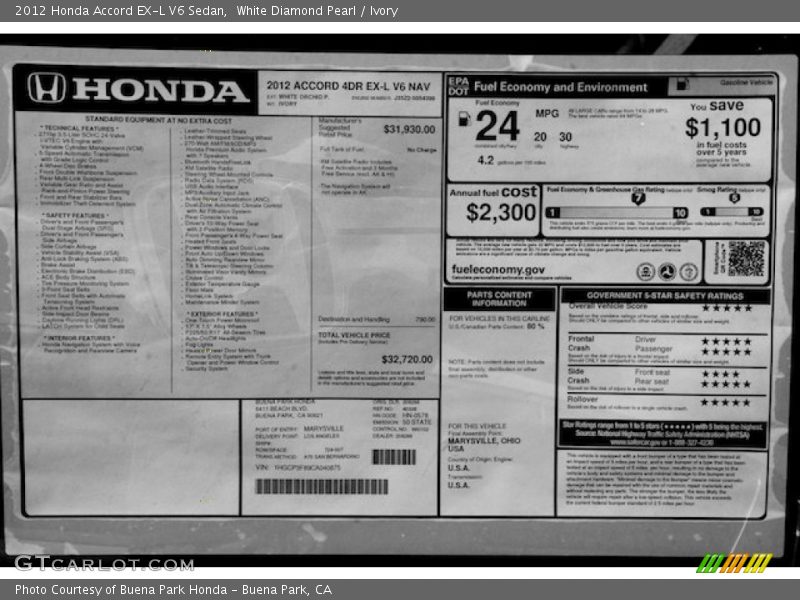 White Diamond Pearl / Ivory 2012 Honda Accord EX-L V6 Sedan