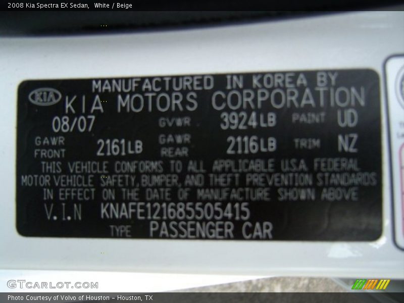 2008 Spectra EX Sedan White Color Code UD