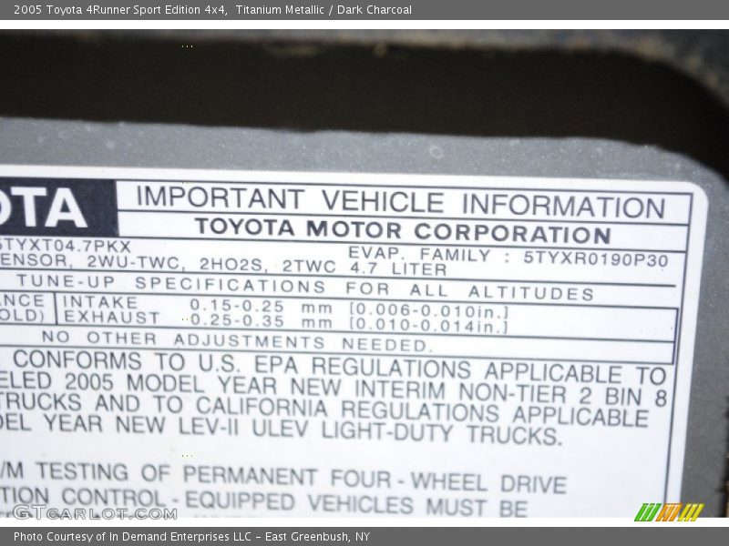 Info Tag of 2005 4Runner Sport Edition 4x4