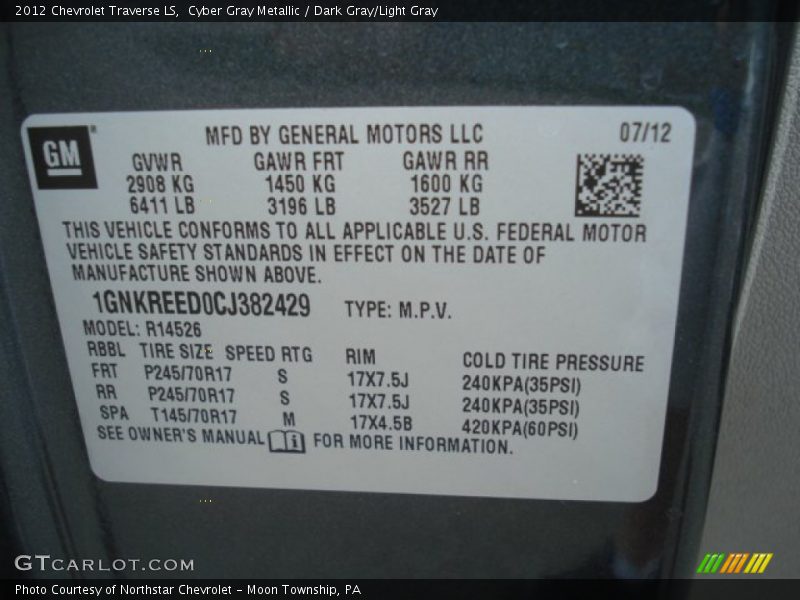 Cyber Gray Metallic / Dark Gray/Light Gray 2012 Chevrolet Traverse LS