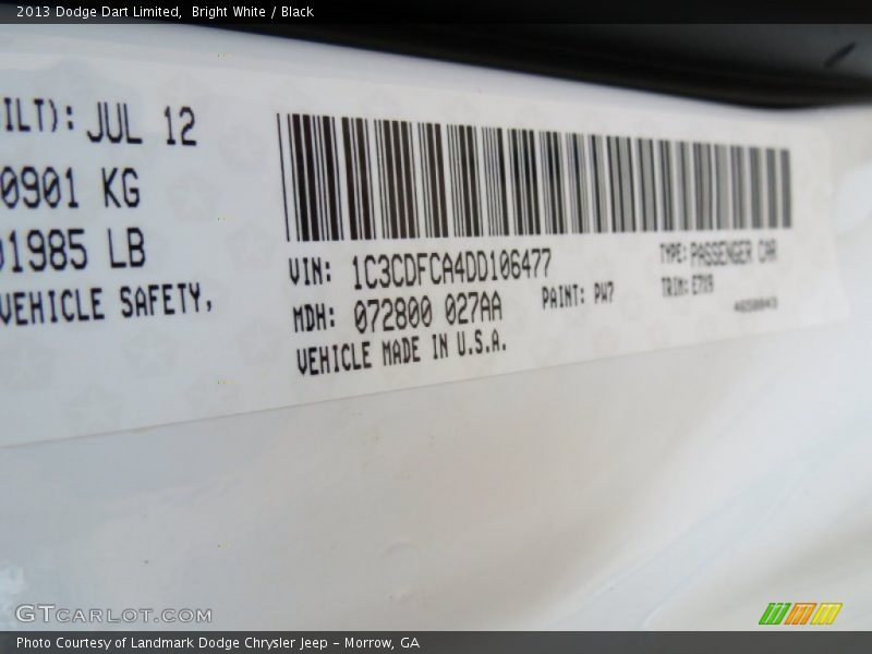 2013 Dart Limited Bright White Color Code PW7