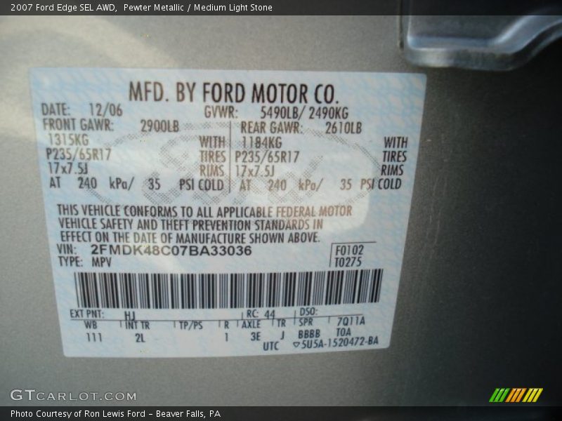 Pewter Metallic / Medium Light Stone 2007 Ford Edge SEL AWD