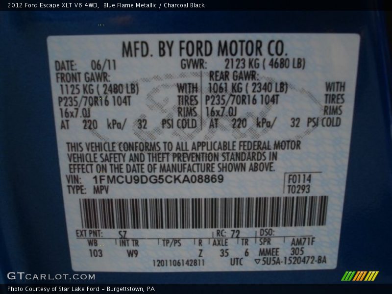 Blue Flame Metallic / Charcoal Black 2012 Ford Escape XLT V6 4WD