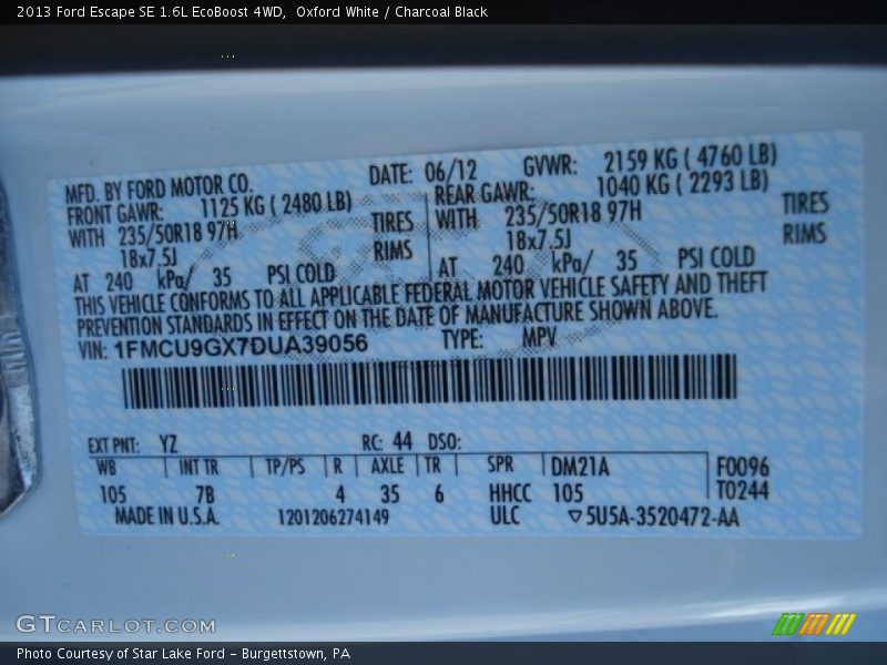 Oxford White / Charcoal Black 2013 Ford Escape SE 1.6L EcoBoost 4WD