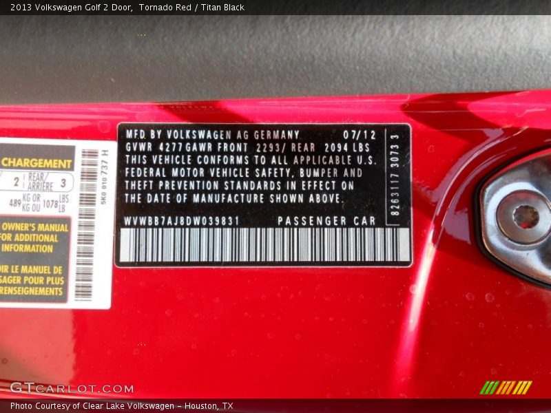 Tornado Red / Titan Black 2013 Volkswagen Golf 2 Door