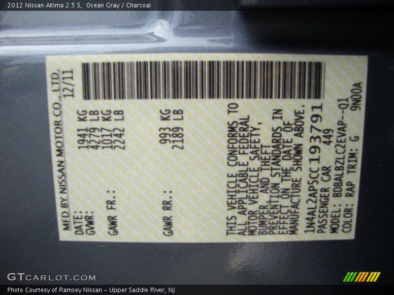 Ocean Gray / Charcoal 2012 Nissan Altima 2.5 S