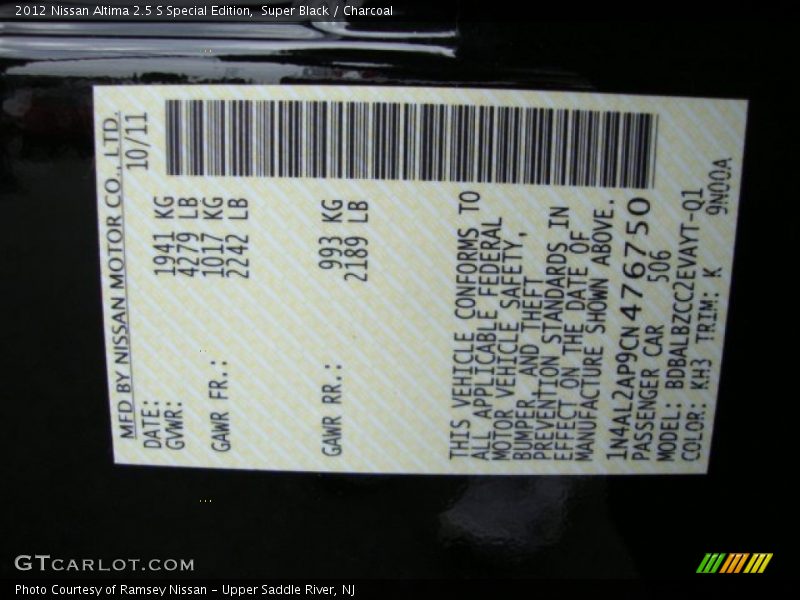 Super Black / Charcoal 2012 Nissan Altima 2.5 S Special Edition