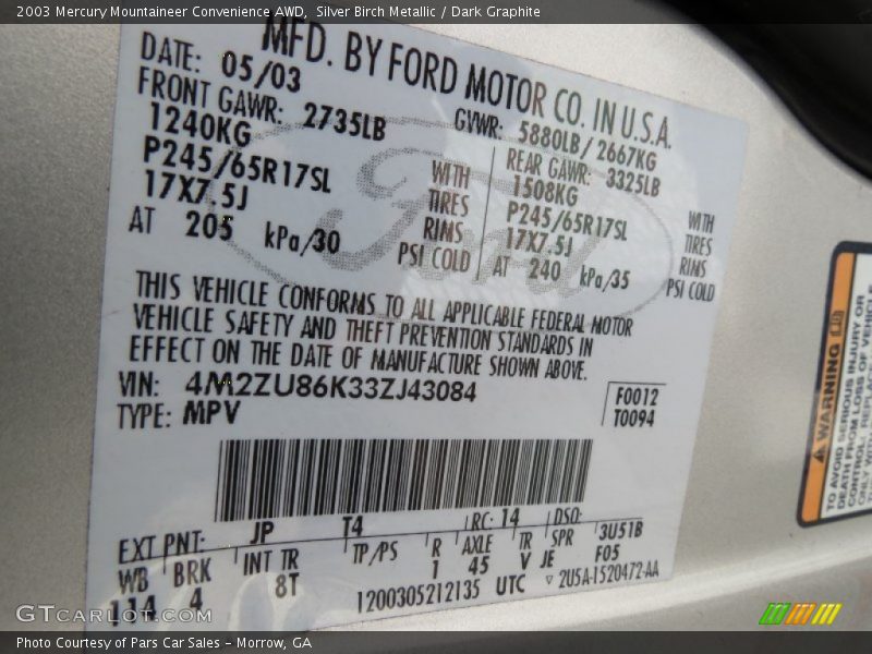 Silver Birch Metallic / Dark Graphite 2003 Mercury Mountaineer Convenience AWD