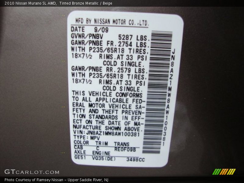 Tinted Bronze Metallic / Beige 2010 Nissan Murano SL AWD