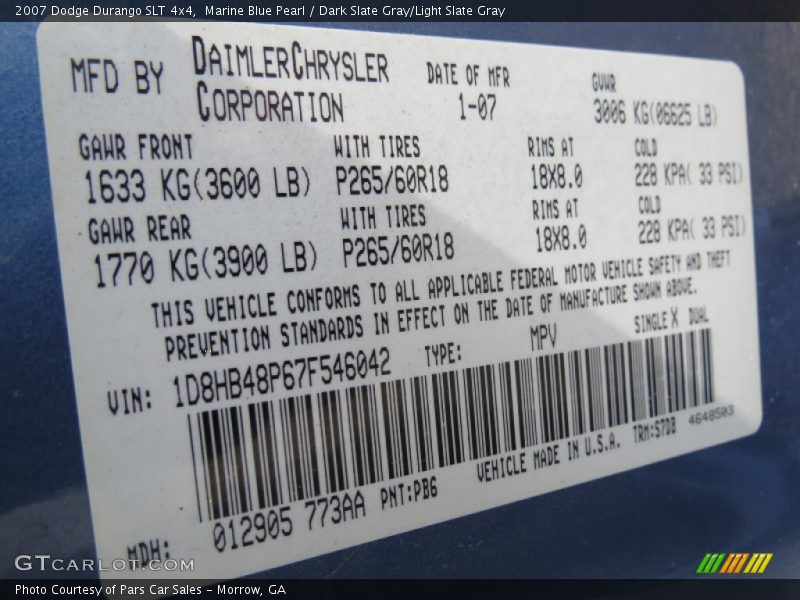 Marine Blue Pearl / Dark Slate Gray/Light Slate Gray 2007 Dodge Durango SLT 4x4