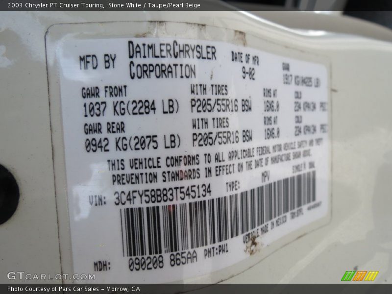 2003 PT Cruiser Touring Stone White Color Code PW1