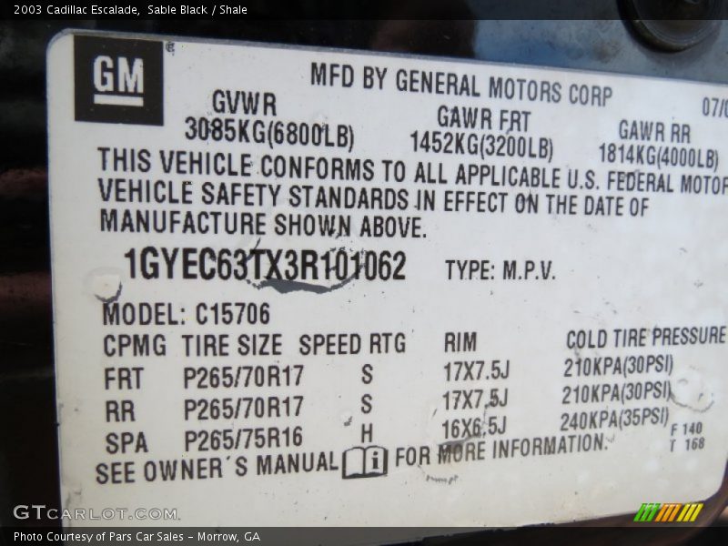 Sable Black / Shale 2003 Cadillac Escalade