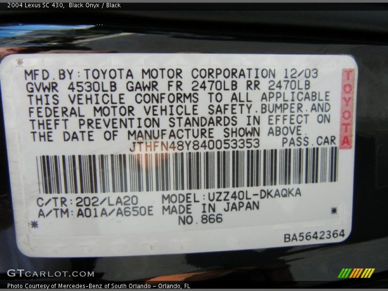 Black Onyx / Black 2004 Lexus SC 430