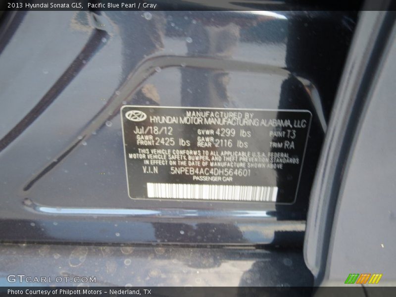 Pacific Blue Pearl / Gray 2013 Hyundai Sonata GLS