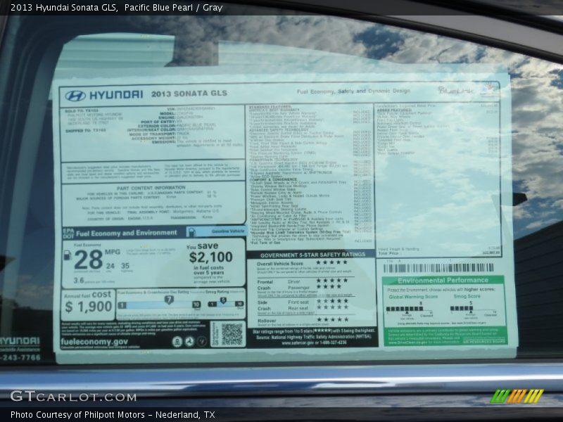 Pacific Blue Pearl / Gray 2013 Hyundai Sonata GLS