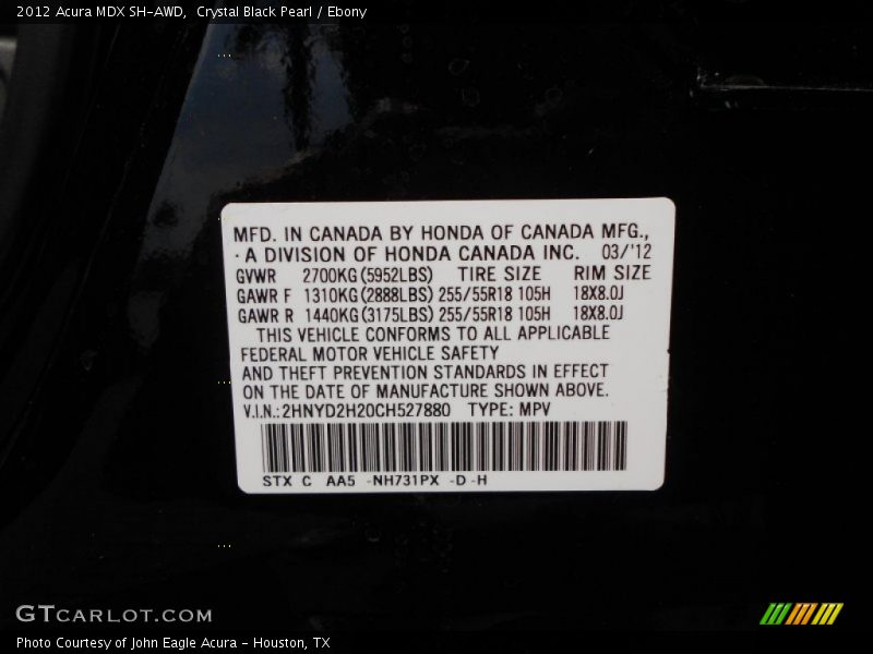 Crystal Black Pearl / Ebony 2012 Acura MDX SH-AWD