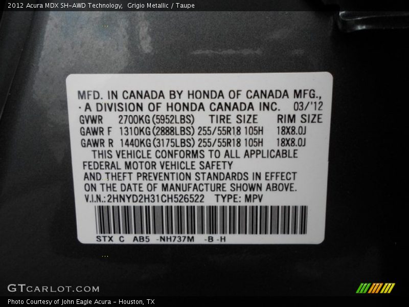 Grigio Metallic / Taupe 2012 Acura MDX SH-AWD Technology