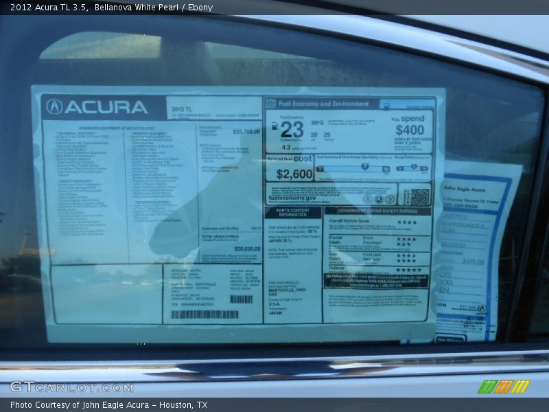 Bellanova White Pearl / Ebony 2012 Acura TL 3.5